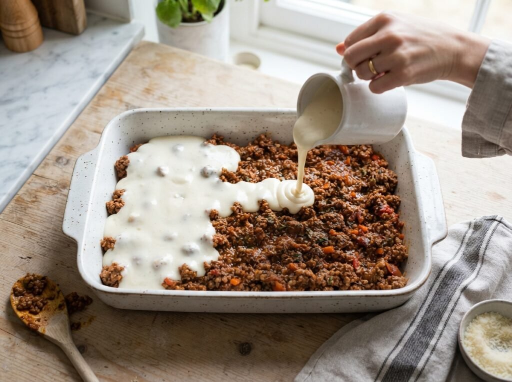 Mince and Potato Bake: Pick the Right Potato First 6 Baking dish assembly overhead view 202607161518