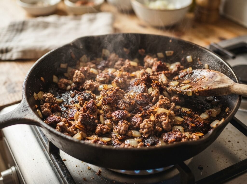 Mince and Potato Bake: Pick the Right Potato First 5 Beef mince browning in skillet 202607161518
