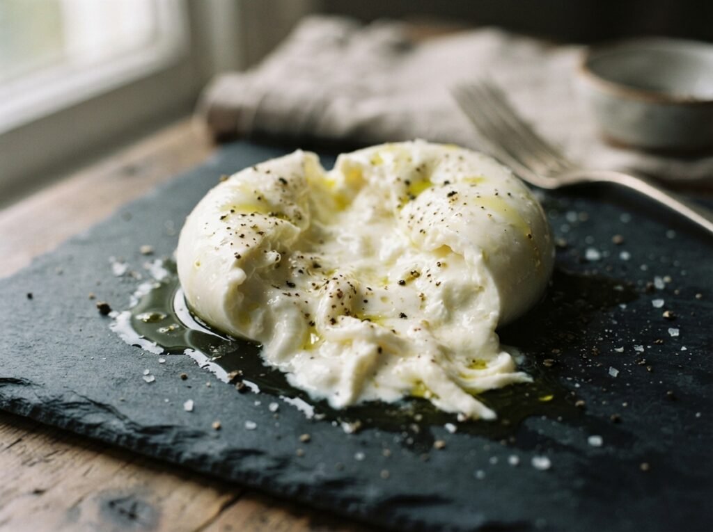 Fresh burrata torn open showing the creamy stracciatella centre
