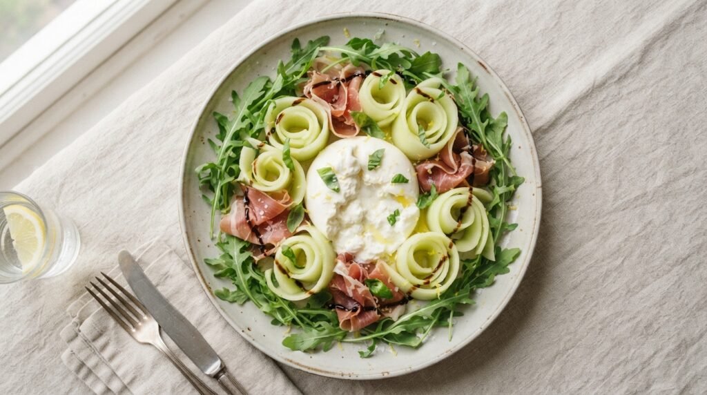 Melon burrata carpaccio with honeydew ribbons, serrano ham rosettes, rocket and balsamic glaze