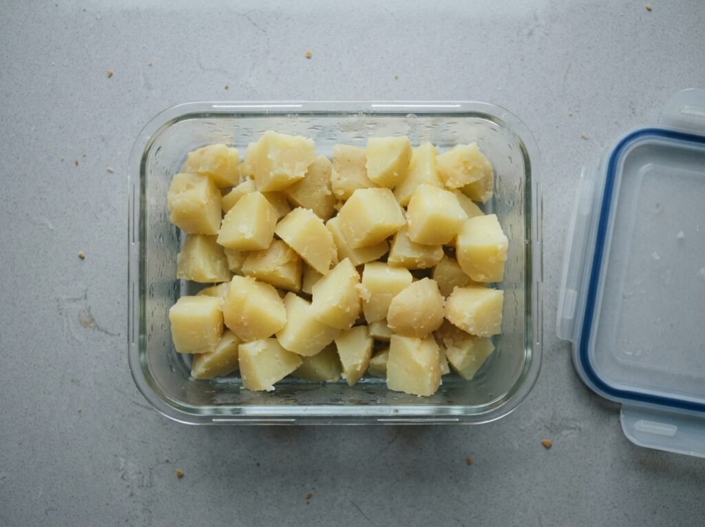 High Protein Potato Salad: 46g Protein, Crispy Base 4 Cooked potato cubes in container 202607161230