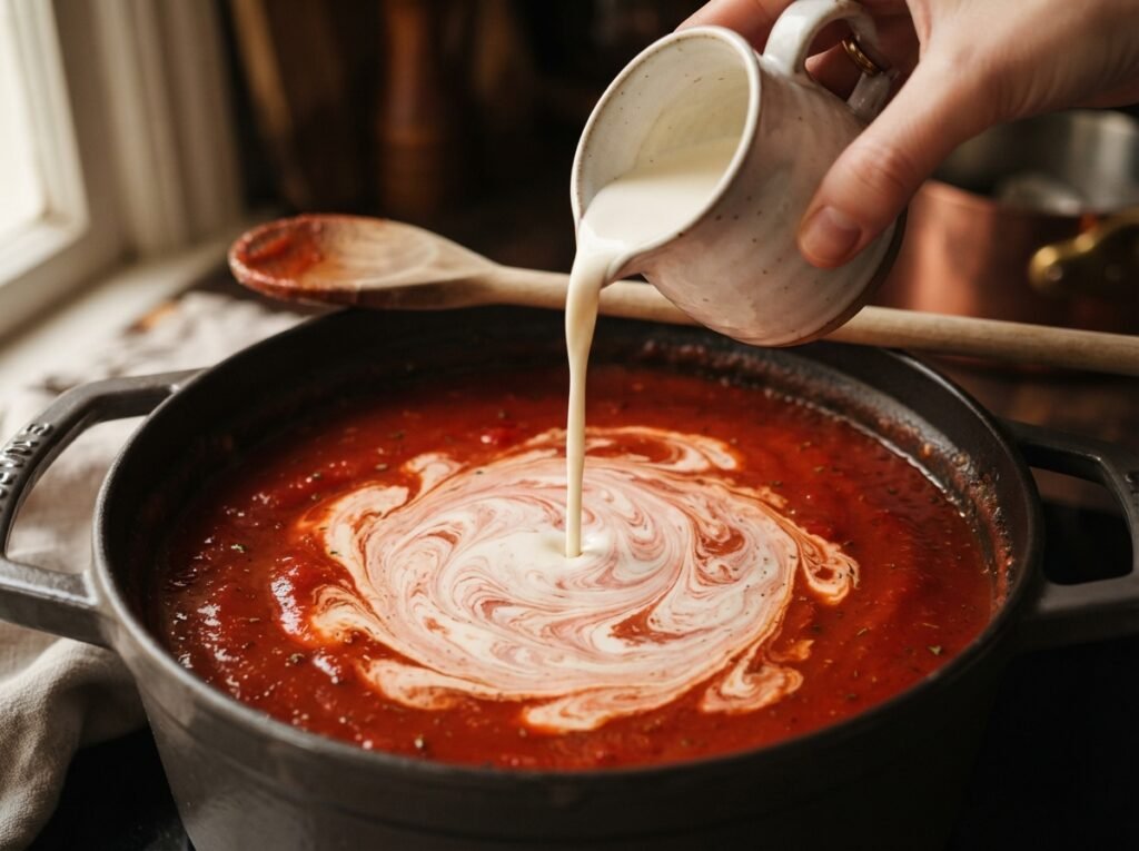 One Pot Tuna Pasta: Creamy, 20 Mins, Won't Split 4 Cream poured into tomato sauce 202607161153