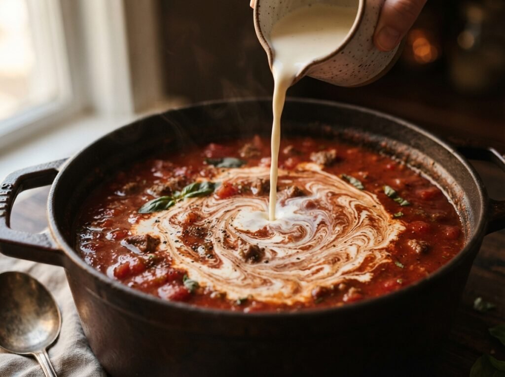 Cream poured into tomato soup 202607161538