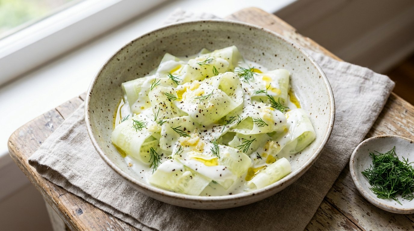 Creamy cucumber salad in bowl 202607081324