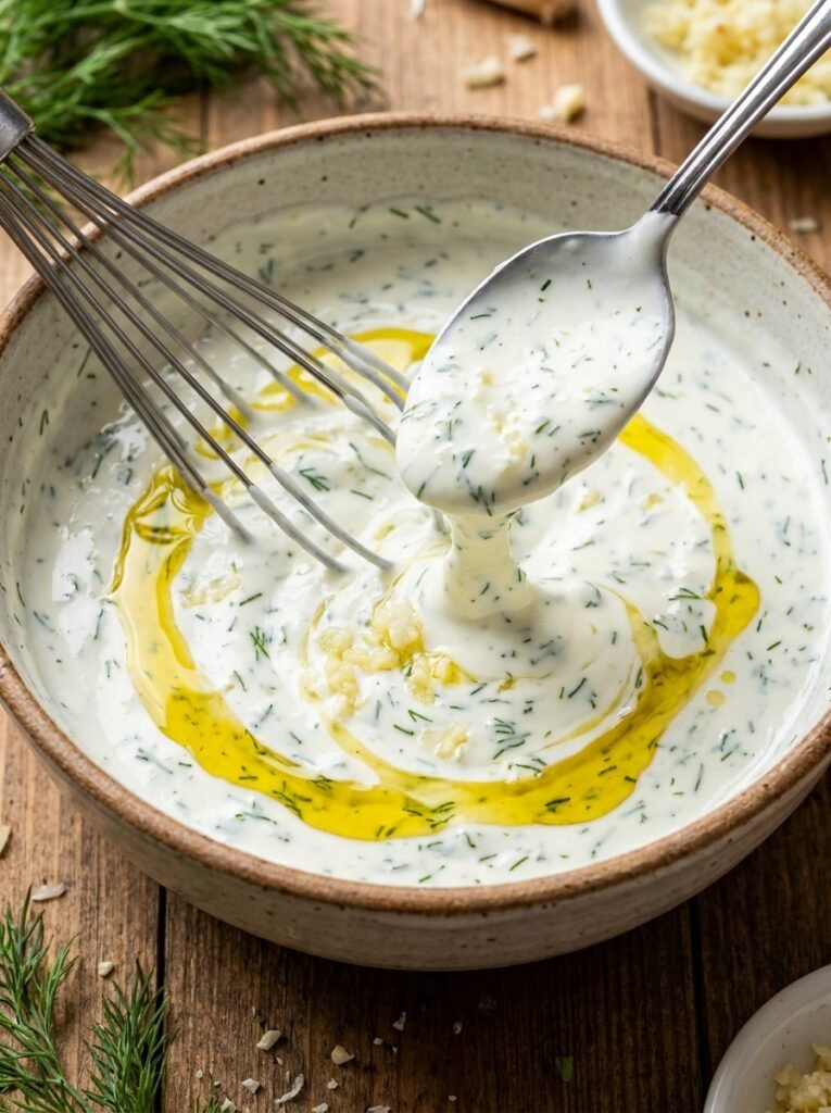 Creamy Cucumber Salad With Yogurt (5-Minute Recipe) 5 Creamy yogurt dressing being whisked 202607081325