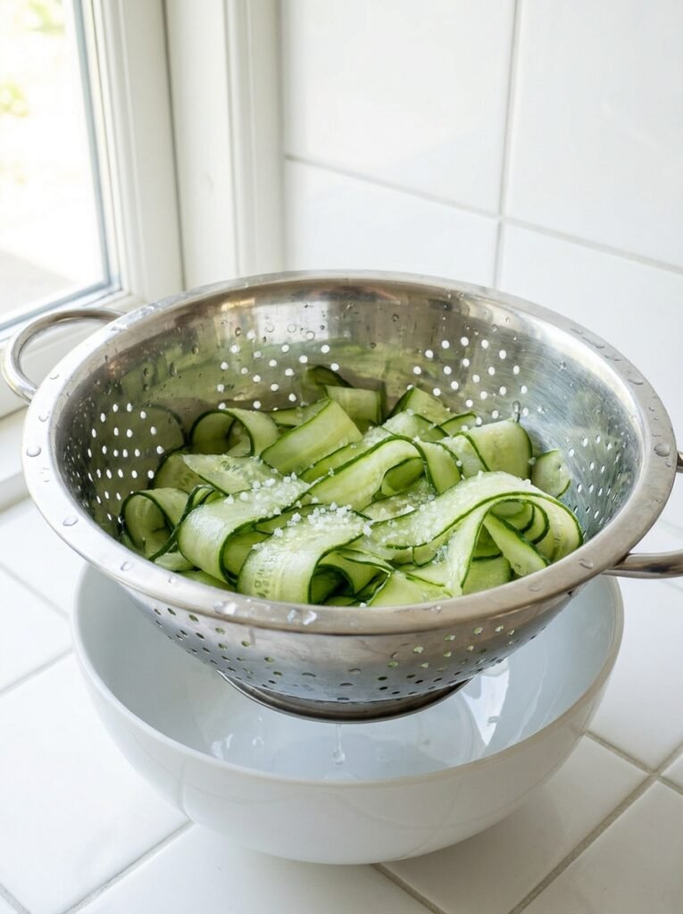 Creamy Cucumber Salad With Yogurt (5-Minute Recipe) 3 Cucumber ribbons draining in col… 202607081324