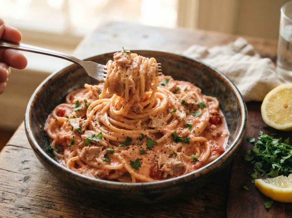 One Pot Tuna Pasta: Creamy, 20 Mins, Won't Split 7 Fork twirling tomato spaghetti bowl 202607161154