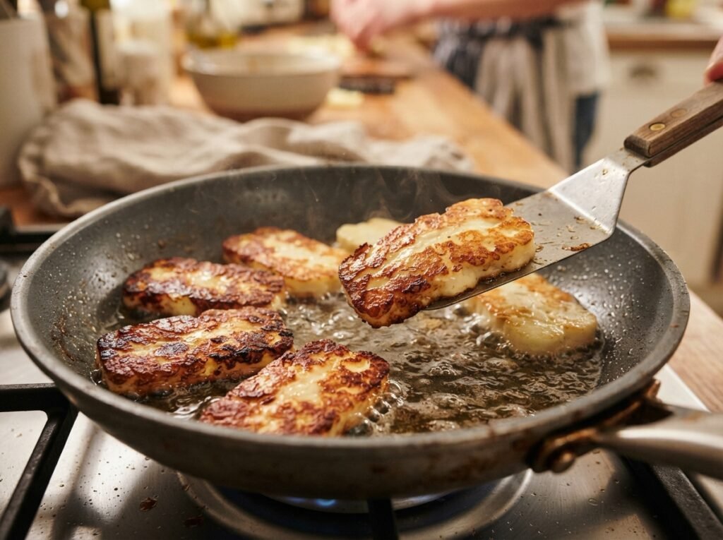 Halloumi slices frying in pan 202607191538