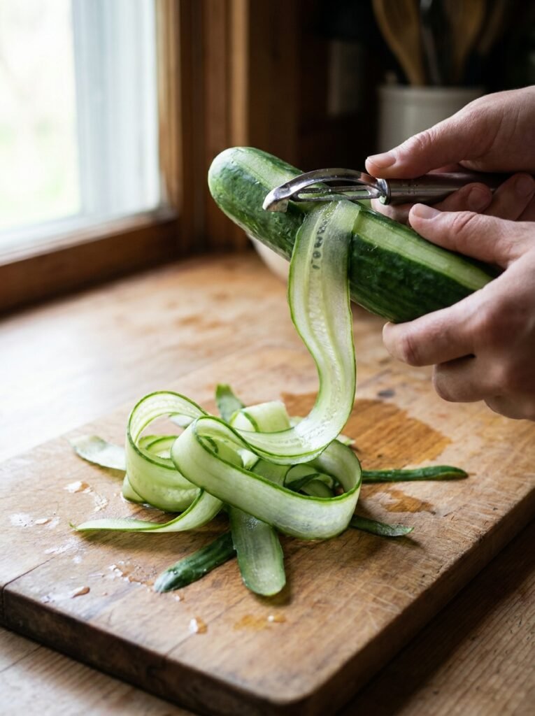 Creamy Cucumber Salad With Yogurt (5-Minute Recipe) 4 Hand shaving cucumber with peeler 202607081324