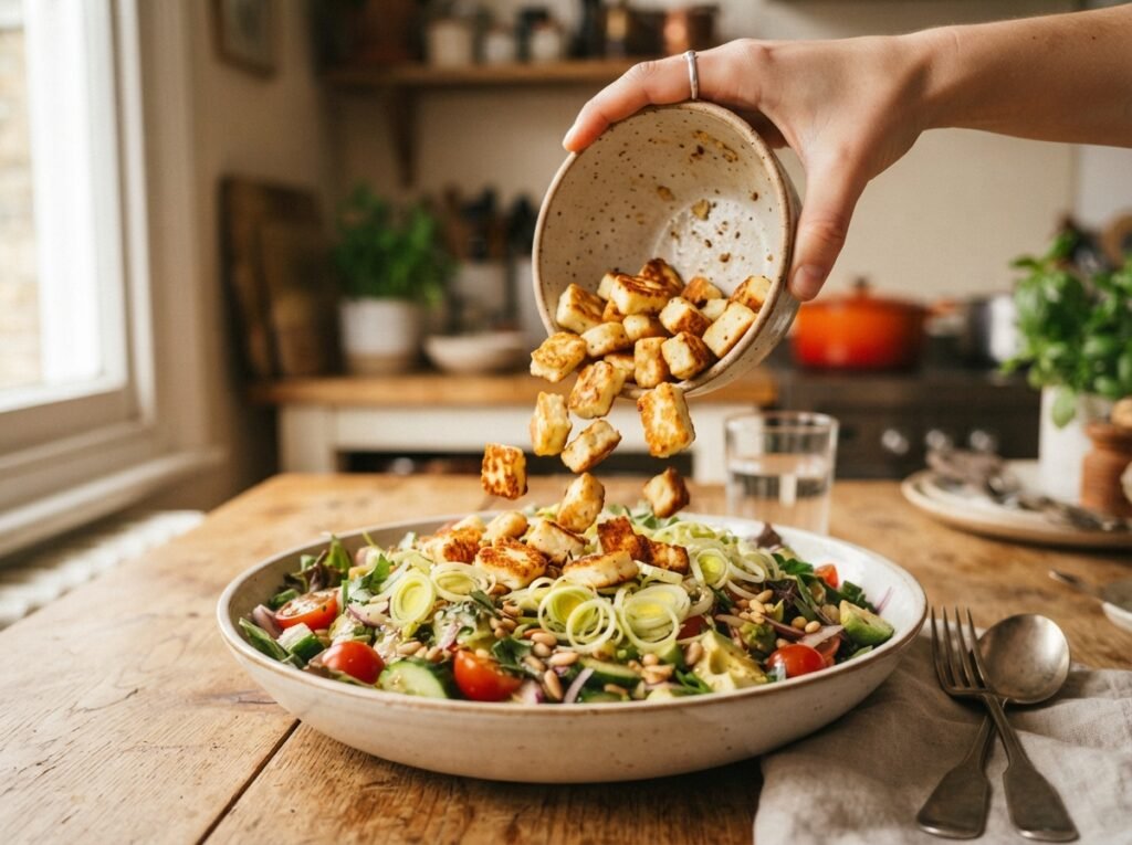 Hand tipping croutons onto salad 202607161040