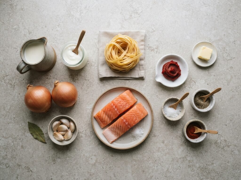 Frozen Salmon Pasta: Creamy, Fast, Never Dry 4 Ingredients flat lay on worktop 202607161129