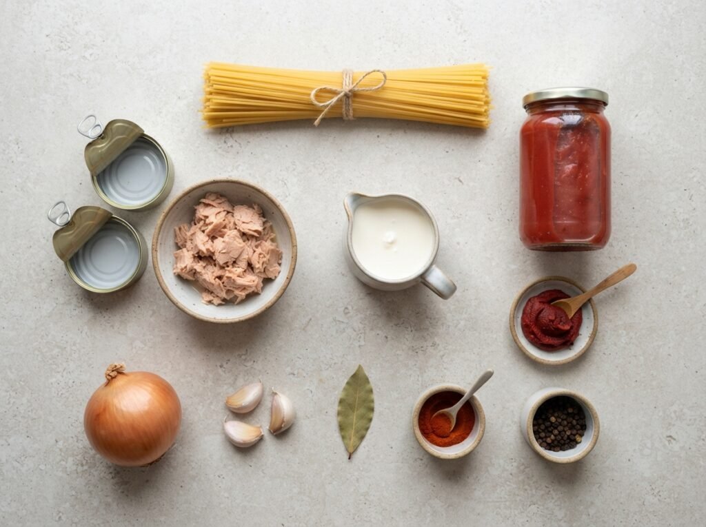 One Pot Tuna Pasta: Creamy, 20 Mins, Won't Split 5 Ingredients flat lay on worktop 202607161153