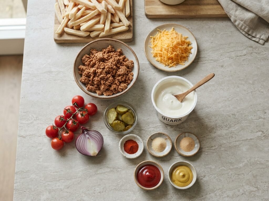Big Mac Fries: 50g Protein Loaded Fries, No Bun 4 Ingredients flat lay on worktop 202607161210