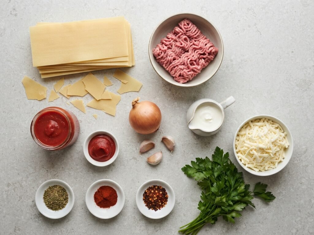 Ingredients for lasagne flat lay 202607161537