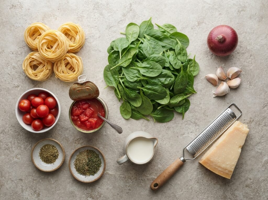 One Pot Creamy Tomato Spinach Pasta: Cook It Right 4 Ingredients on stone worktop 202607161609