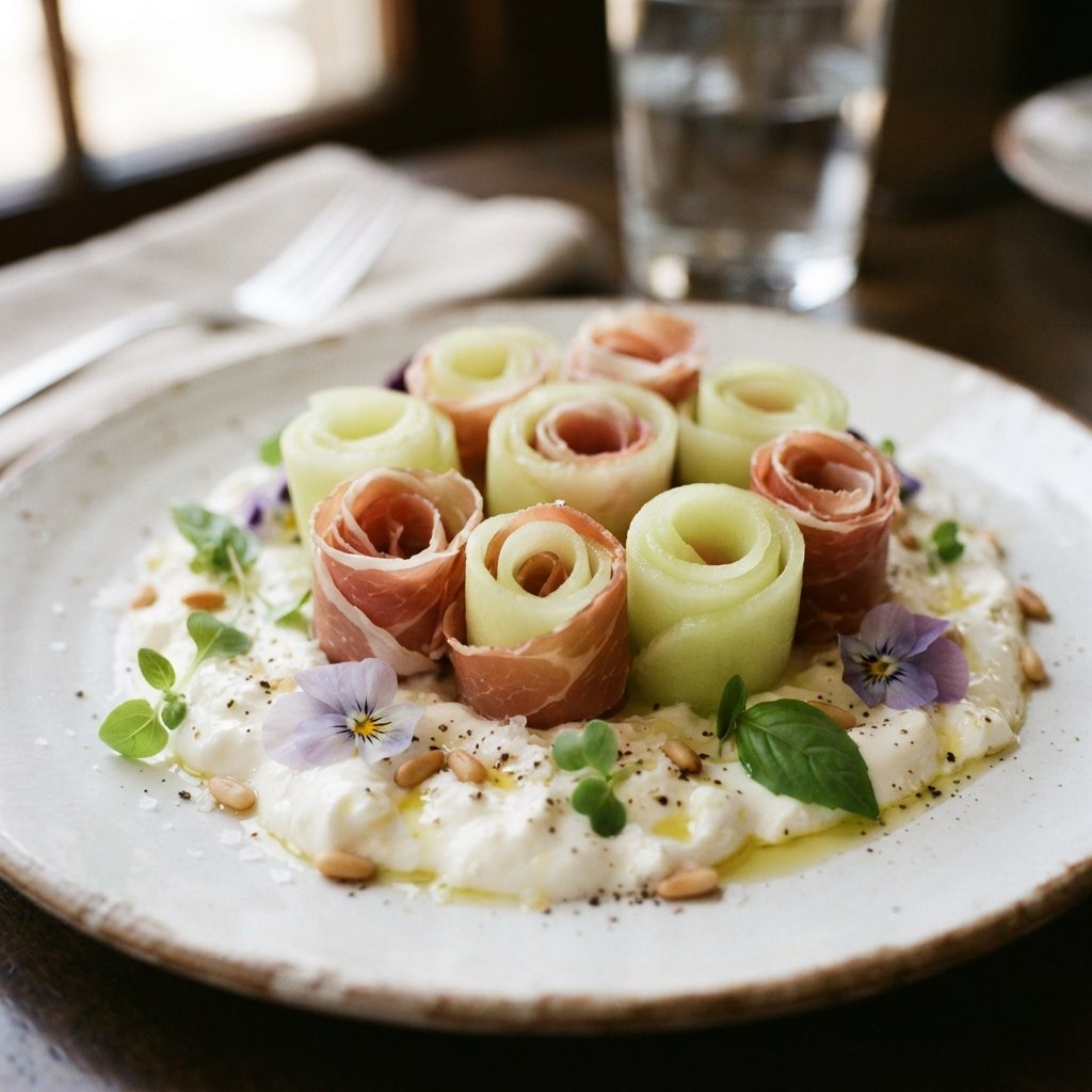 Melon rosettes on burrata plate 202607151850
