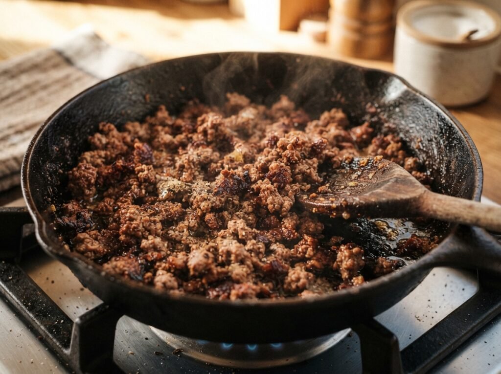 Big Mac Fries: 50g Protein Loaded Fries, No Bun 5 Mince browning in skillet 202607161210