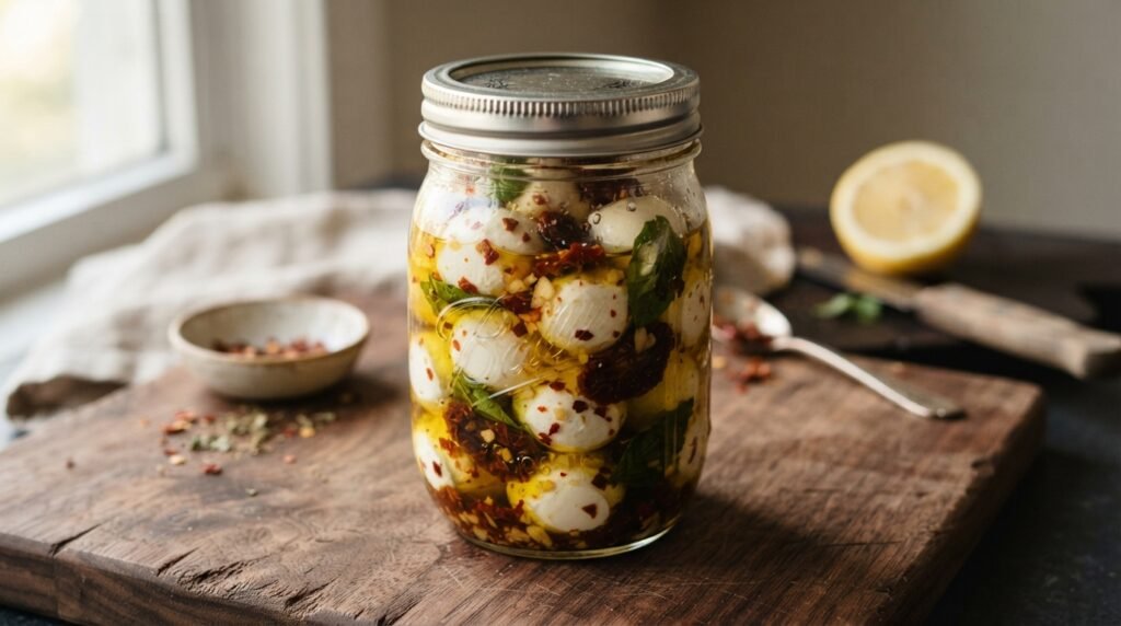Spicy Marinated Mozzarella: The No-Measure Jar Method 3 Mozzarella in olive oil jar 202607151950