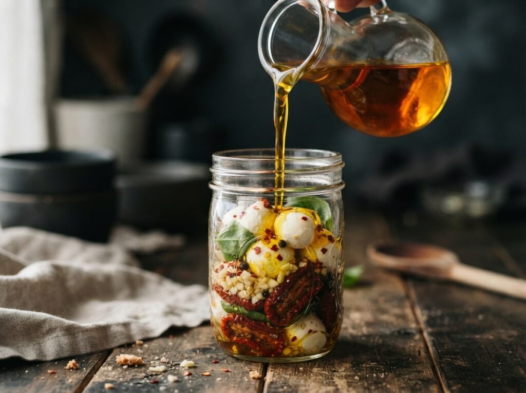 Spicy Marinated Mozzarella: The No-Measure Jar Method 6 Olive oil poured into jar 202607151951