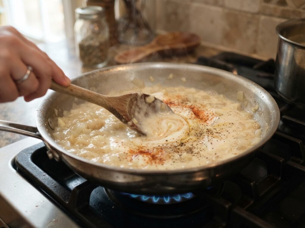 Onions garlic stirred creamy sauce 202607191537