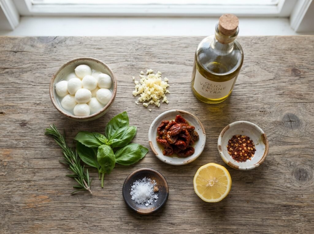 Spicy Marinated Mozzarella: The No-Measure Jar Method 5 Overhead ingredient flat lay on 202607151951