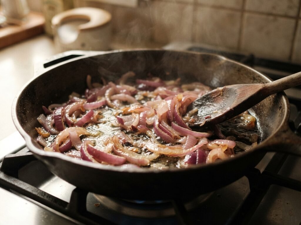 One Pot Creamy Tomato Spinach Pasta: Cook It Right 3 Sliced red onion softening in 202607161609