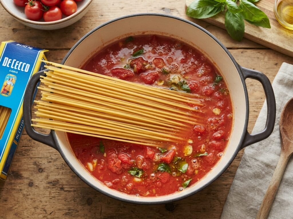 One Pot Tuna Pasta: Creamy, 20 Mins, Won't Split 3 Spaghetti in tomato sauce pot 202607161152