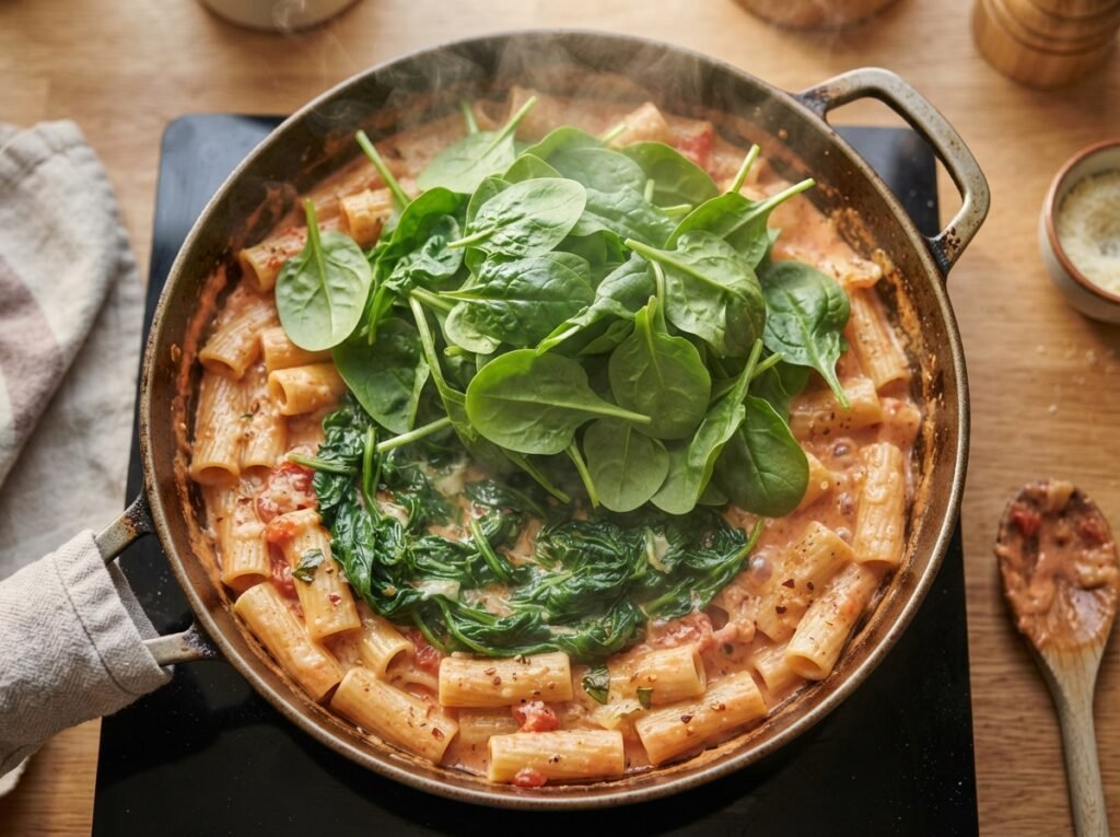 One Pot Creamy Tomato Spinach Pasta: Cook It Right 6 Spinach wilting on tomato pasta 202607161610
