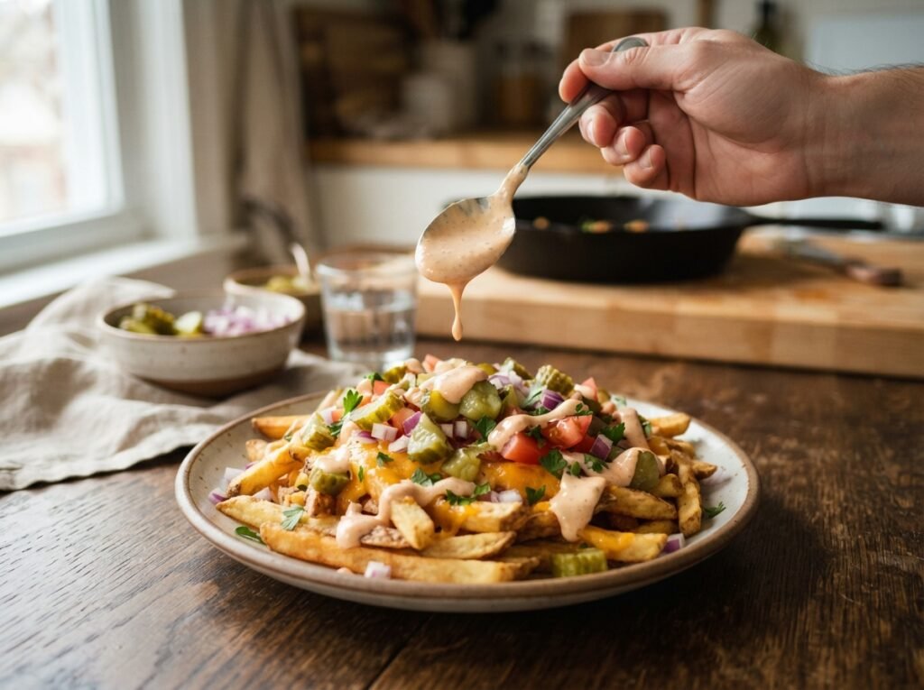 Big Mac Fries: 50g Protein Loaded Fries, No Bun 7 Spoon dotting sauce on fries 202607161215