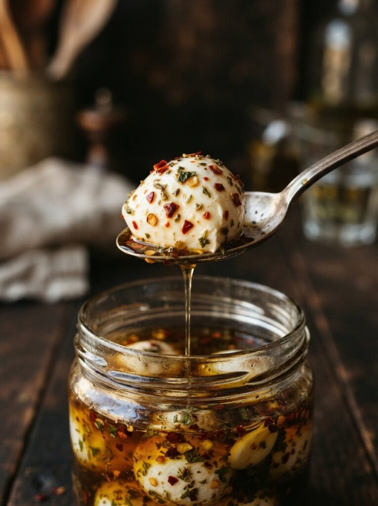 Spicy Marinated Mozzarella: The No-Measure Jar Method 8 Spoon lifting mozzarella ball 202607151952