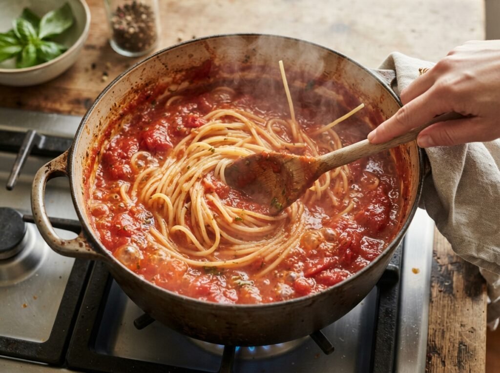 One Pot Tuna Pasta: Creamy, 20 Mins, Won't Split 6 Spoon stirring spaghetti in pot 202607161154
