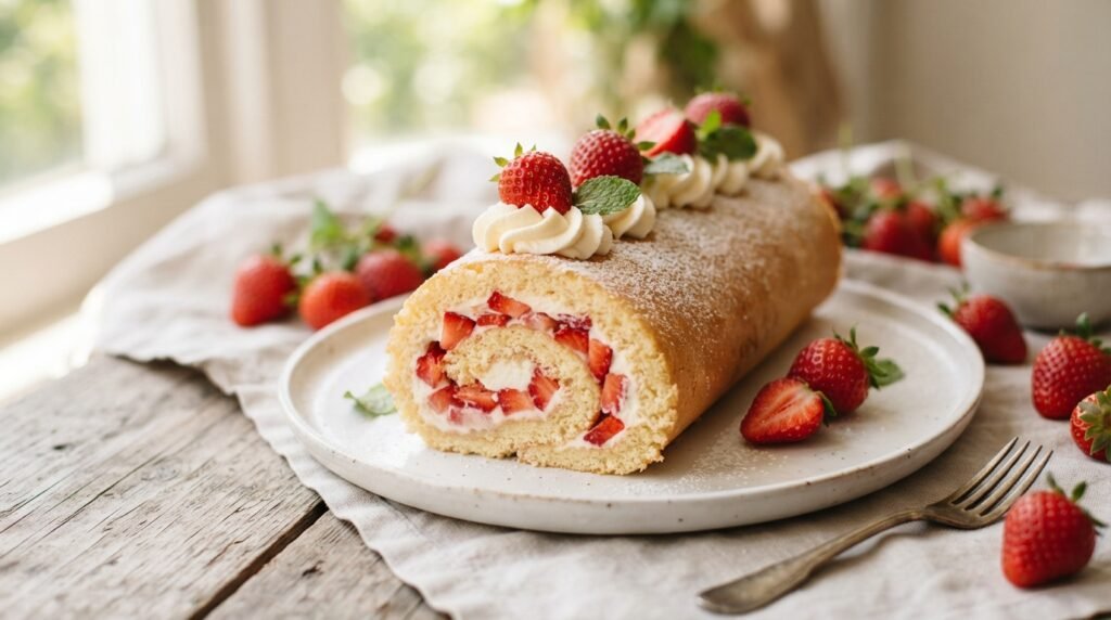 Strawberry Swiss Roll: The Trick to No Cracks 2 Strawberry Swiss roll on plate 202607161358