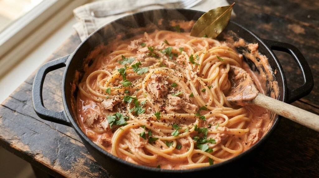 One Pot Tuna Pasta: Creamy, 20 Mins, Won't Split 2 Tomato spaghetti in pot 202607161152