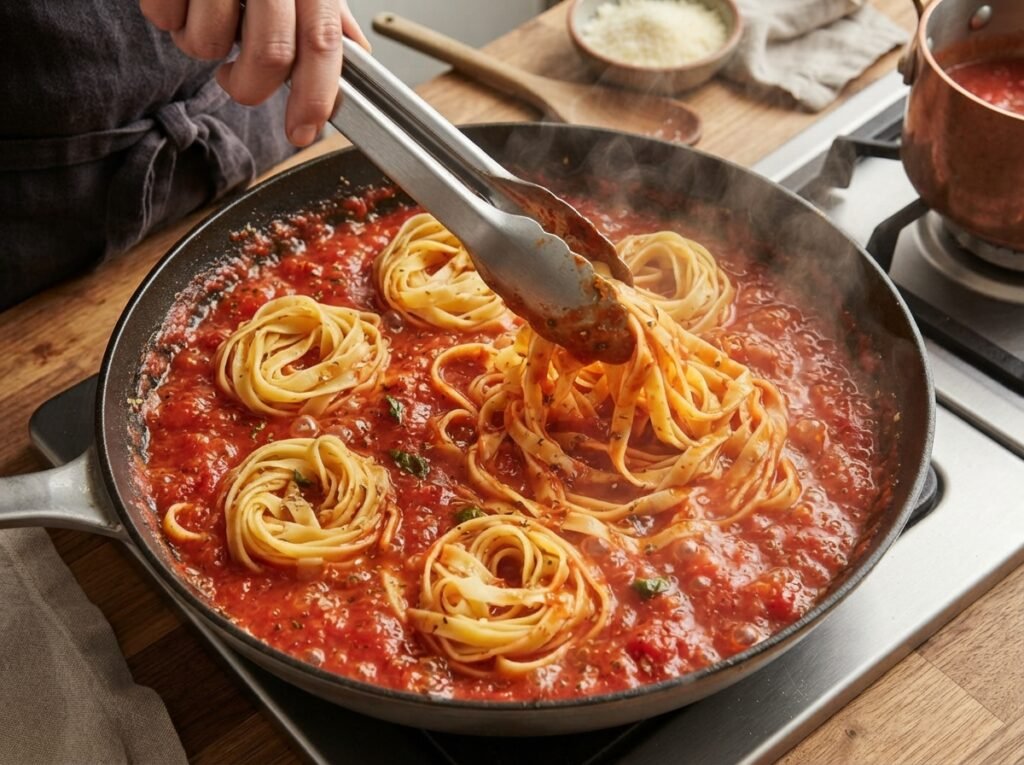 One Pot Creamy Tomato Spinach Pasta: Cook It Right 5 Tongs breaking tagliatelle nests 202607161609