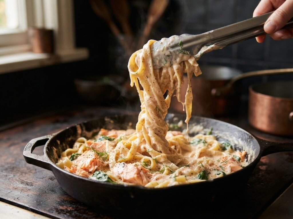 Frozen Salmon Pasta: Creamy, Fast, Never Dry 7 Tongs lifting tagliatelle from s… 202607161131