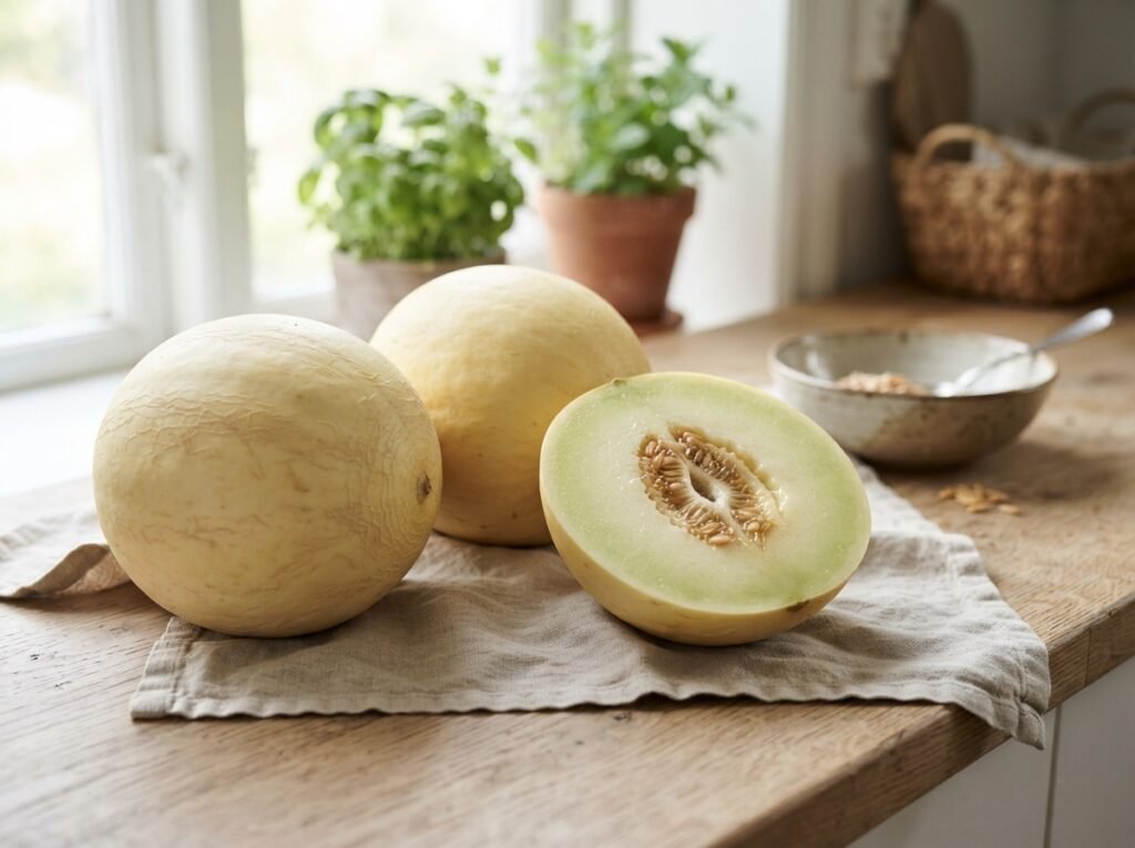 Two honeydew melons on counter 202607151848