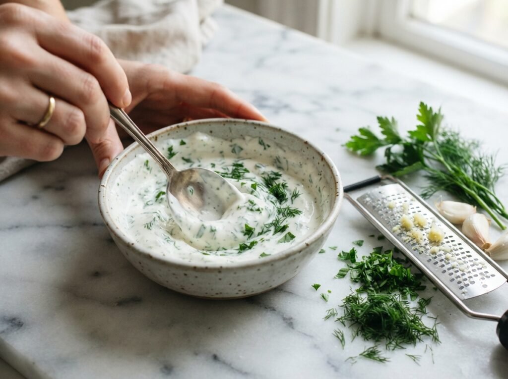 Yogurt dressing stirred with spoon 202607161039